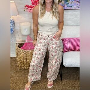 Peach Love jacquard floral print barrel jeans in size medium